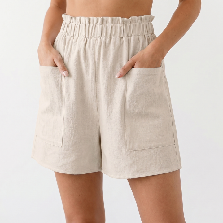 Linen Shorts Women - Elastic Paperbag Waist Pocket Summer Shorts