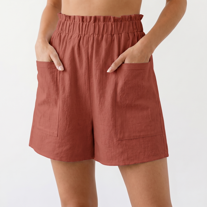 Linen Shorts Women - Elastic Paperbag Waist Pocket Summer Shorts