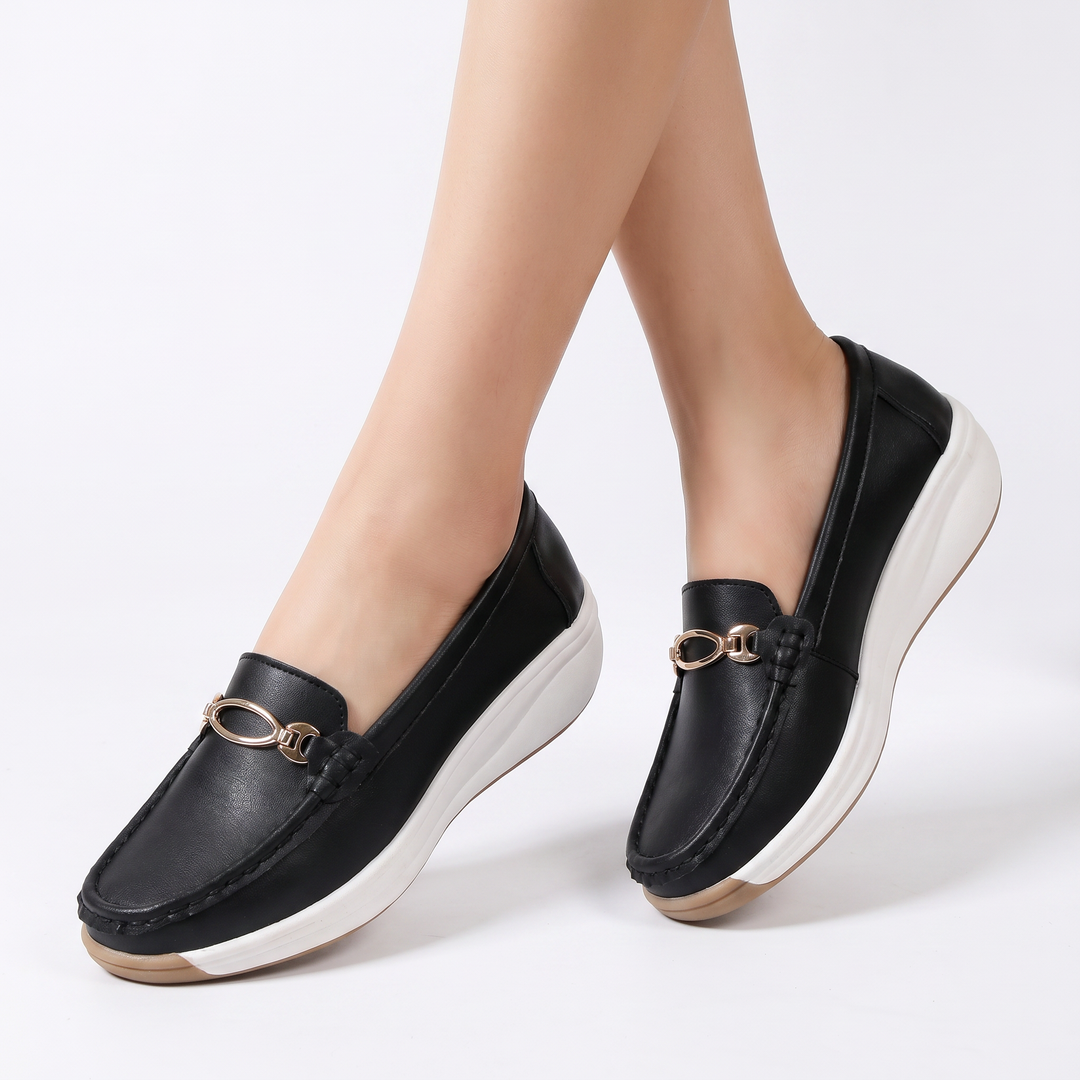 Platform Loafers Women - Slip On Wedge Moccasin with Buckle Detail