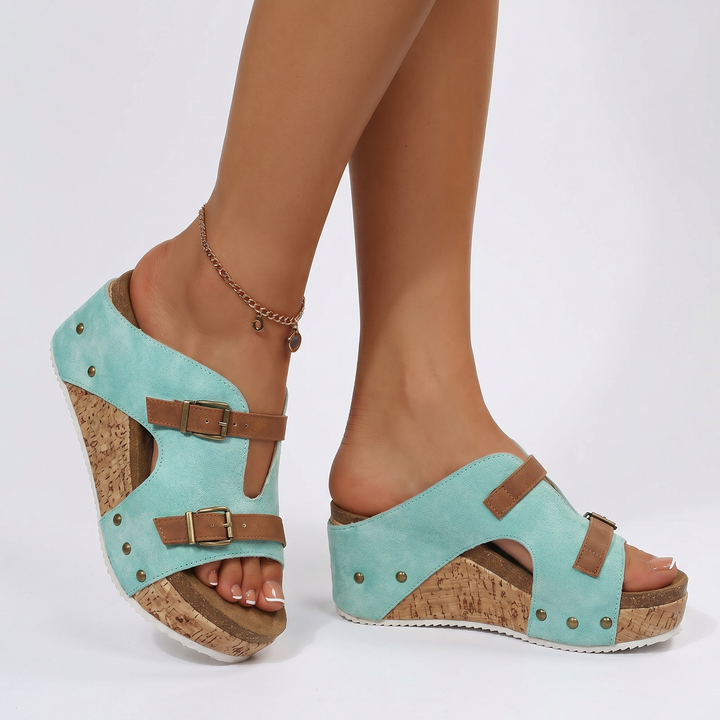 Cork Wedge Sandals Women - Open Toe Buckle Strap Platform Slides