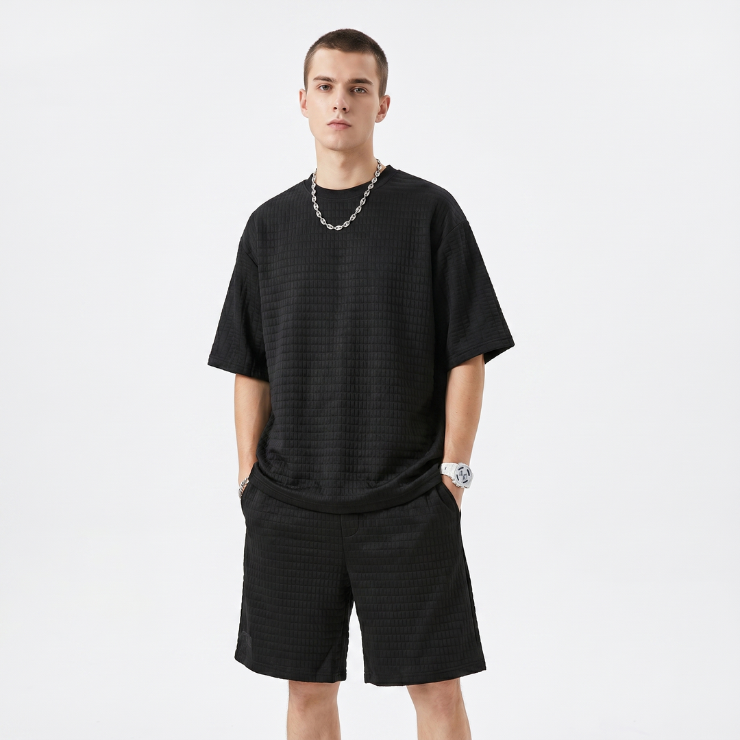 Mens Waffle Tee and Shorts Set - Oversized Textured Summer Co-ord
