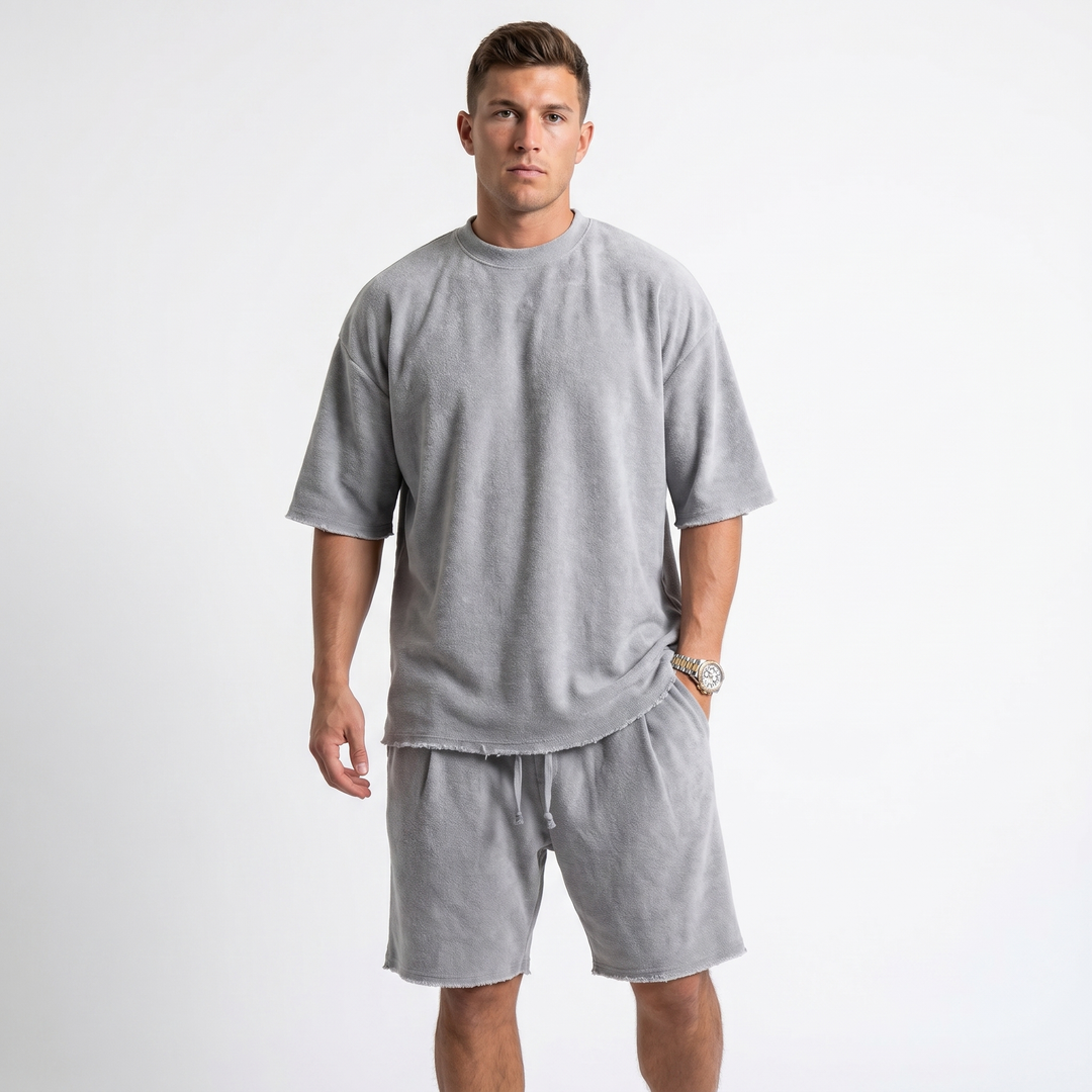 Mens Oversized Tee and Shorts Set - Raw Hem Terry Summer Co-ord