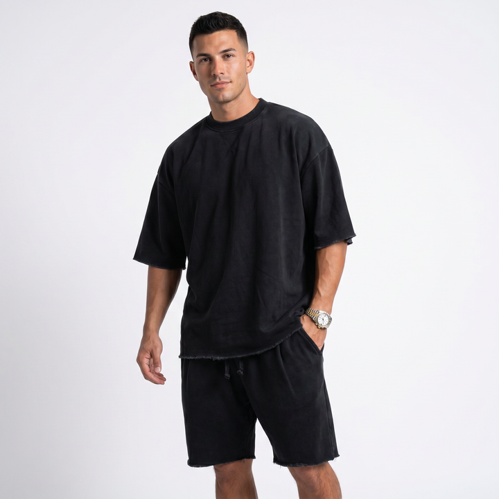 Mens Oversized Tee and Shorts Set - Raw Hem Terry Summer Co-ord