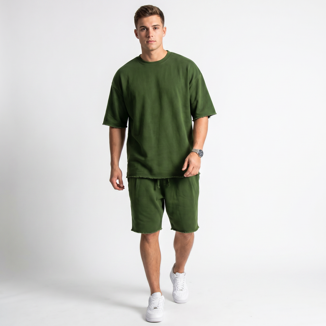 Mens Oversized Tee and Shorts Set - Raw Hem Terry Summer Co-ord