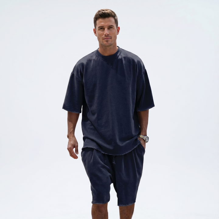 Mens Oversized Tee and Shorts Set - Raw Hem Terry Summer Co-ord