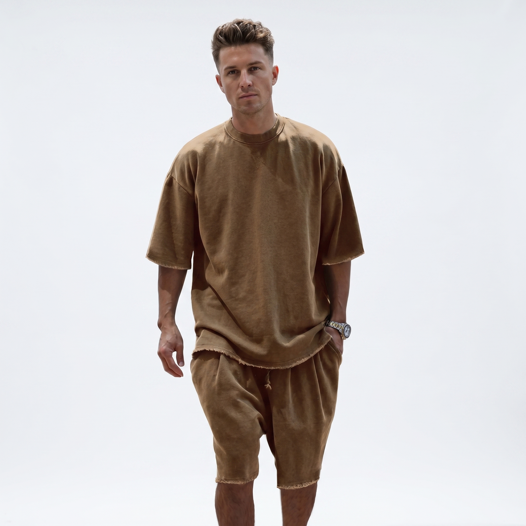 Mens Oversized Tee and Shorts Set - Raw Hem Terry Summer Co-ord