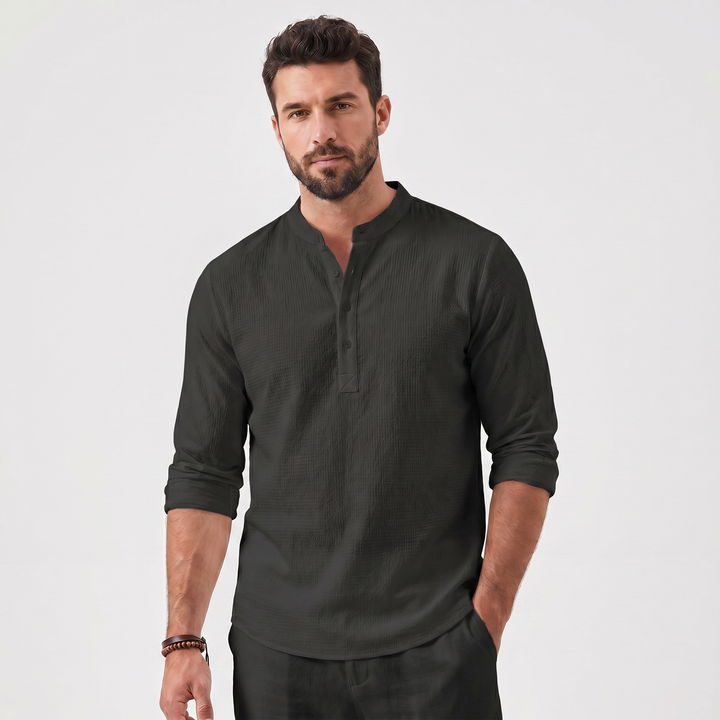 Mens Henley Shirt - Long Sleeve Mandarin Collar Summer Linen Shirt