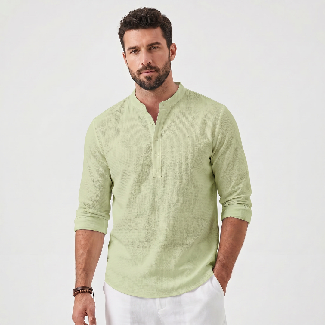 Mens Henley Shirt - Long Sleeve Mandarin Collar Summer Linen Shirt