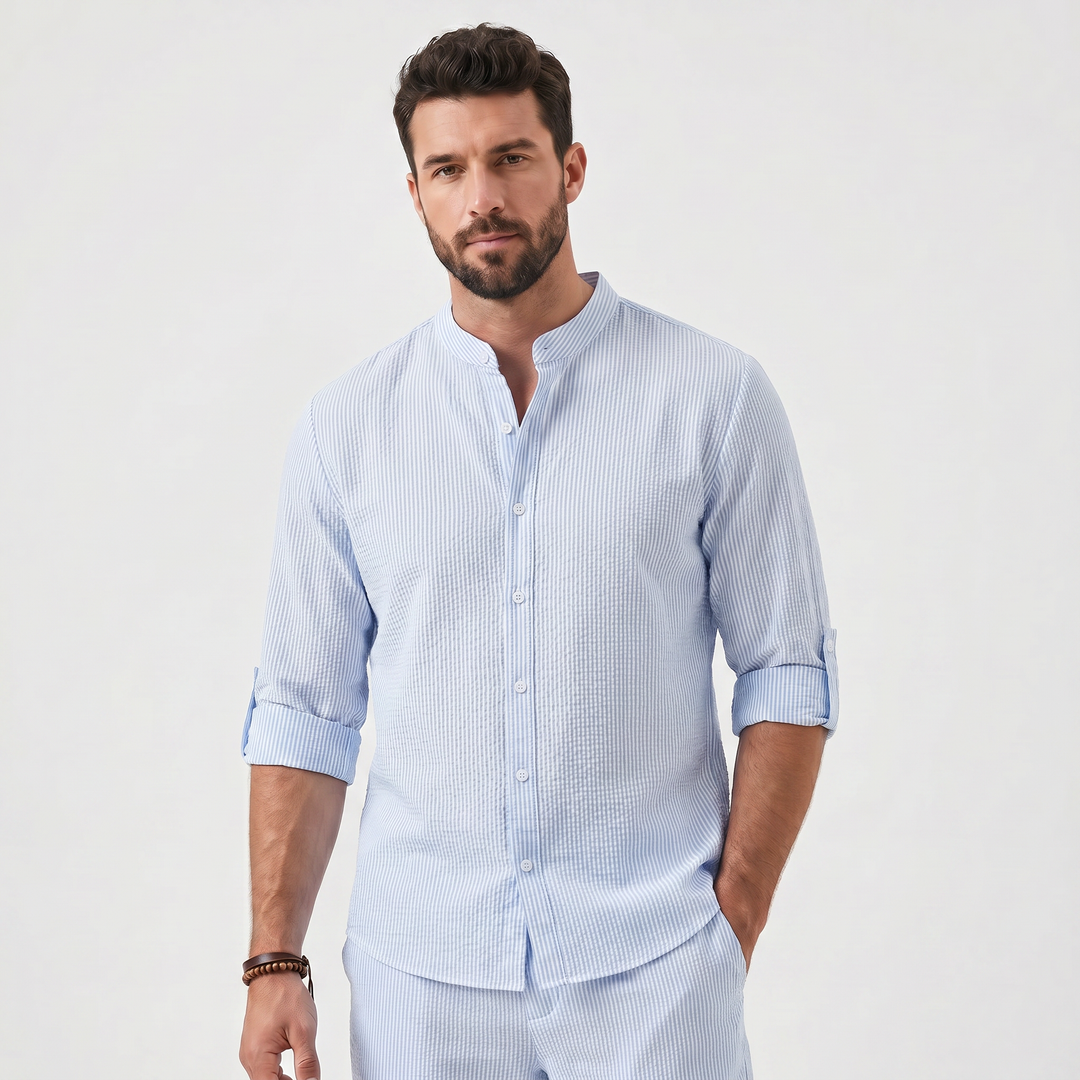 Mens Henley Shirt - Long Sleeve Mandarin Collar Summer Linen Shirt