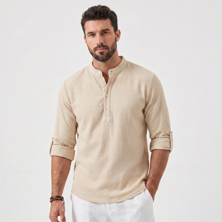Mens Henley Shirt - Long Sleeve Mandarin Collar Summer Linen Shirt