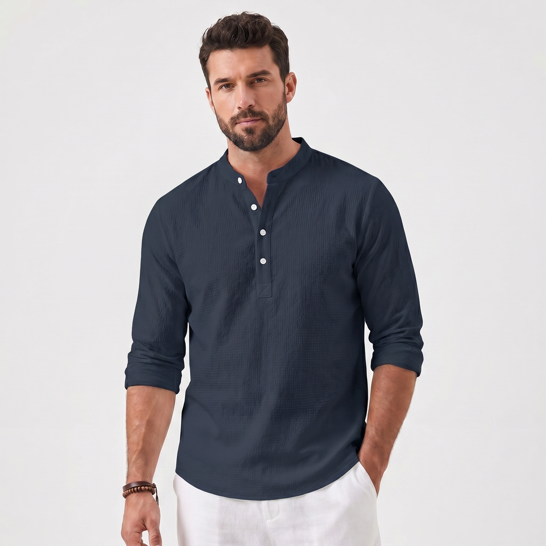 Mens Henley Shirt - Long Sleeve Mandarin Collar Summer Linen Shirt