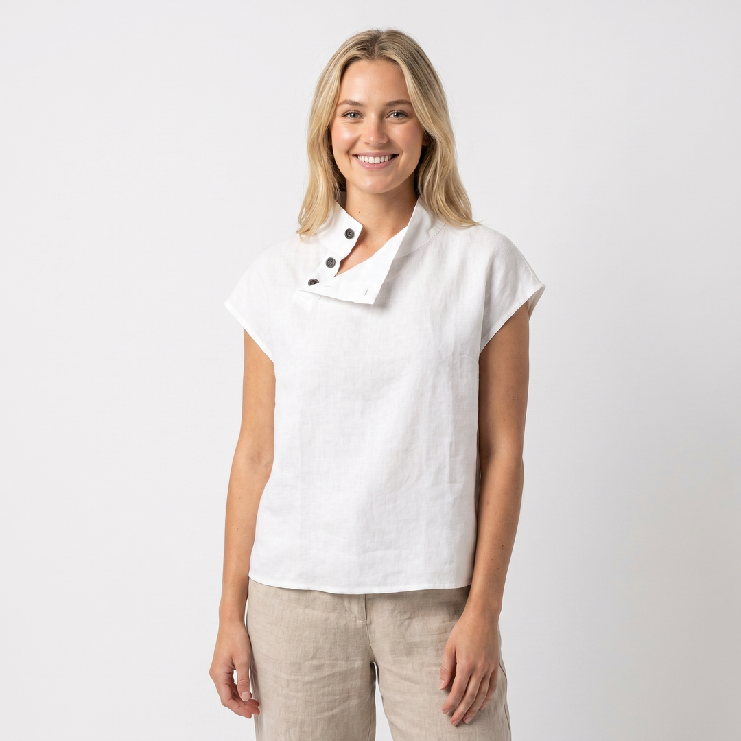 Linen Top Women - Asymmetric Button Collar Short Sleeve Blouse