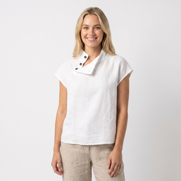 Linen Top Women - Asymmetric Button Collar Short Sleeve Blouse