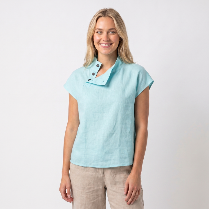 Linen Top Women - Asymmetric Button Collar Short Sleeve Blouse
