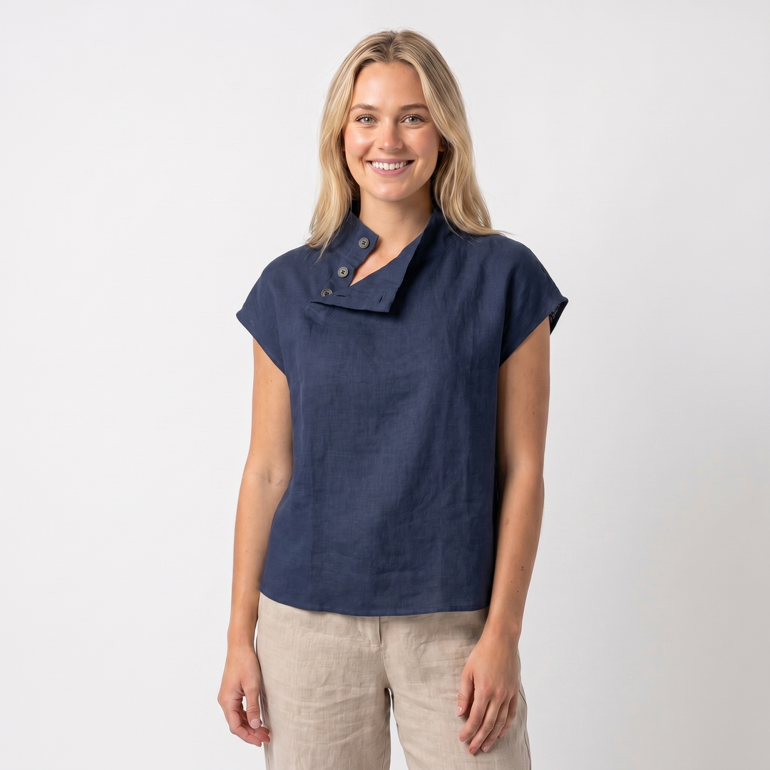 Linen Top Women - Asymmetric Button Collar Short Sleeve Blouse