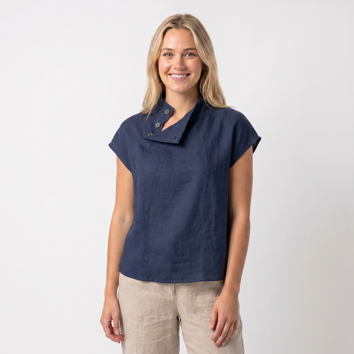 Linen Top Women - Asymmetric Button Collar Short Sleeve Blouse
