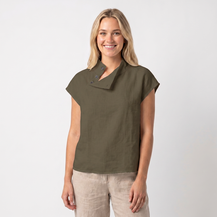 Linen Top Women - Asymmetric Button Collar Short Sleeve Blouse