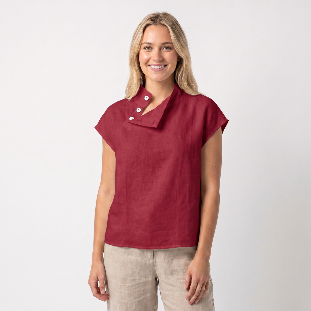Linen Top Women - Asymmetric Button Collar Short Sleeve Blouse
