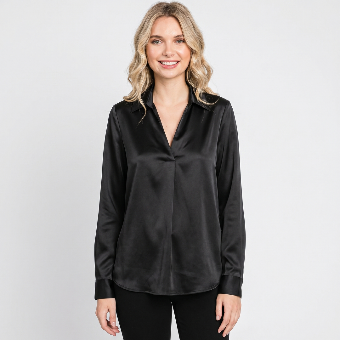 Satin Blouse Women - Long Sleeve V Neck Collared Silk Work Top