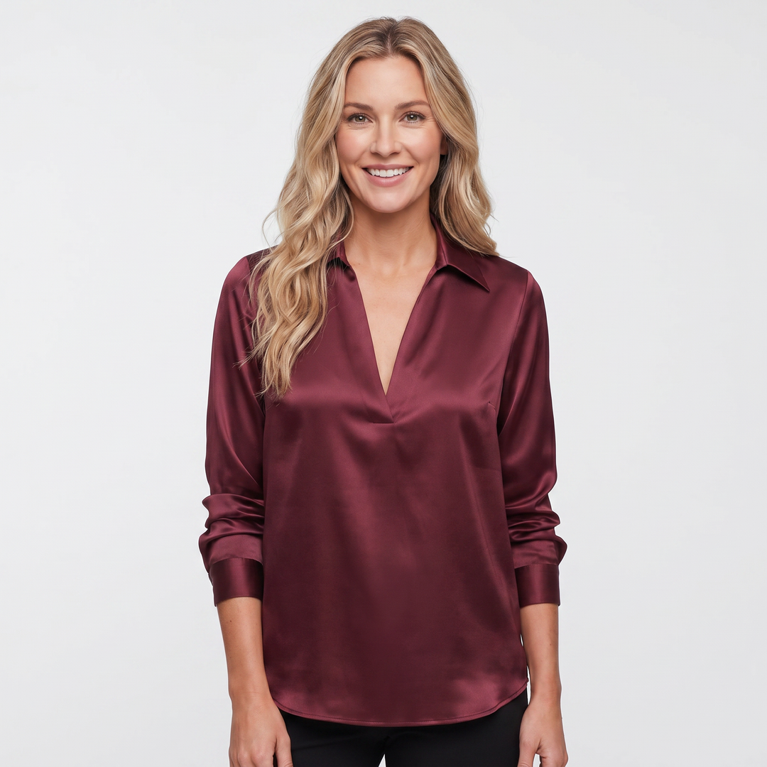 Satin Blouse Women - Long Sleeve V Neck Collared Silk Work Top