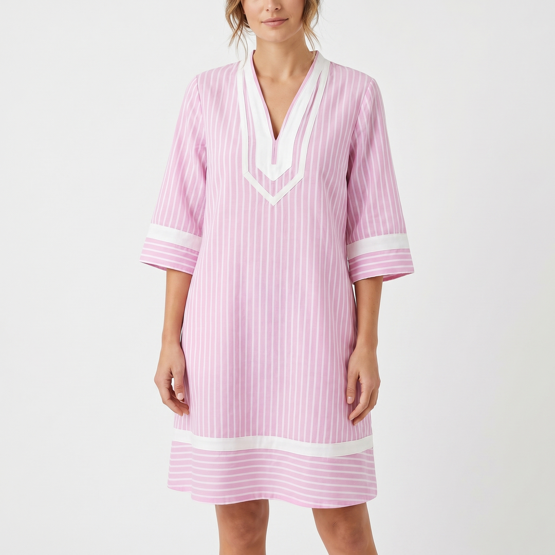 Striped Tunic Dress - V Neck Contrast Trim Summer Beach Cover Up