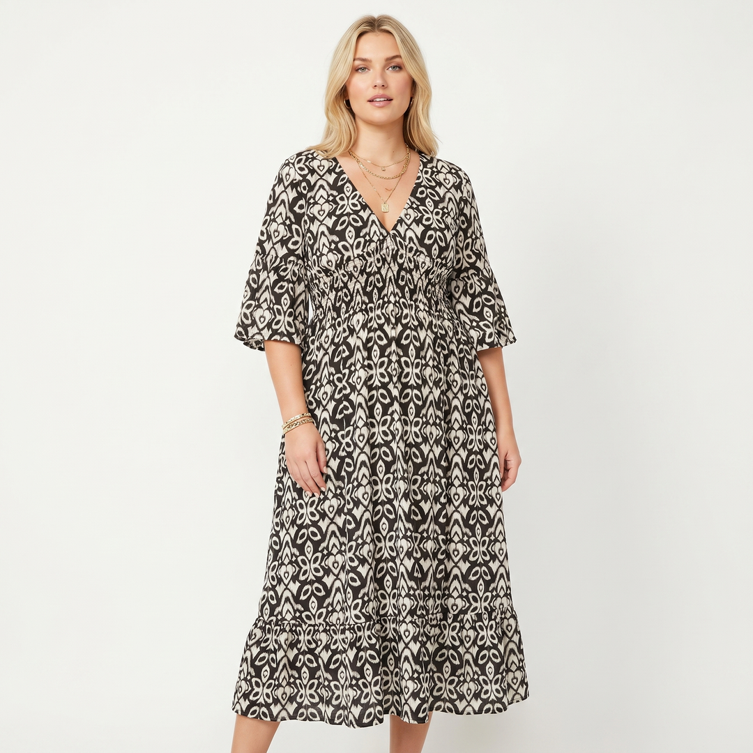 V Neck Printed Midi Dress - Shirred Waist Boho Summer Tiered Dress