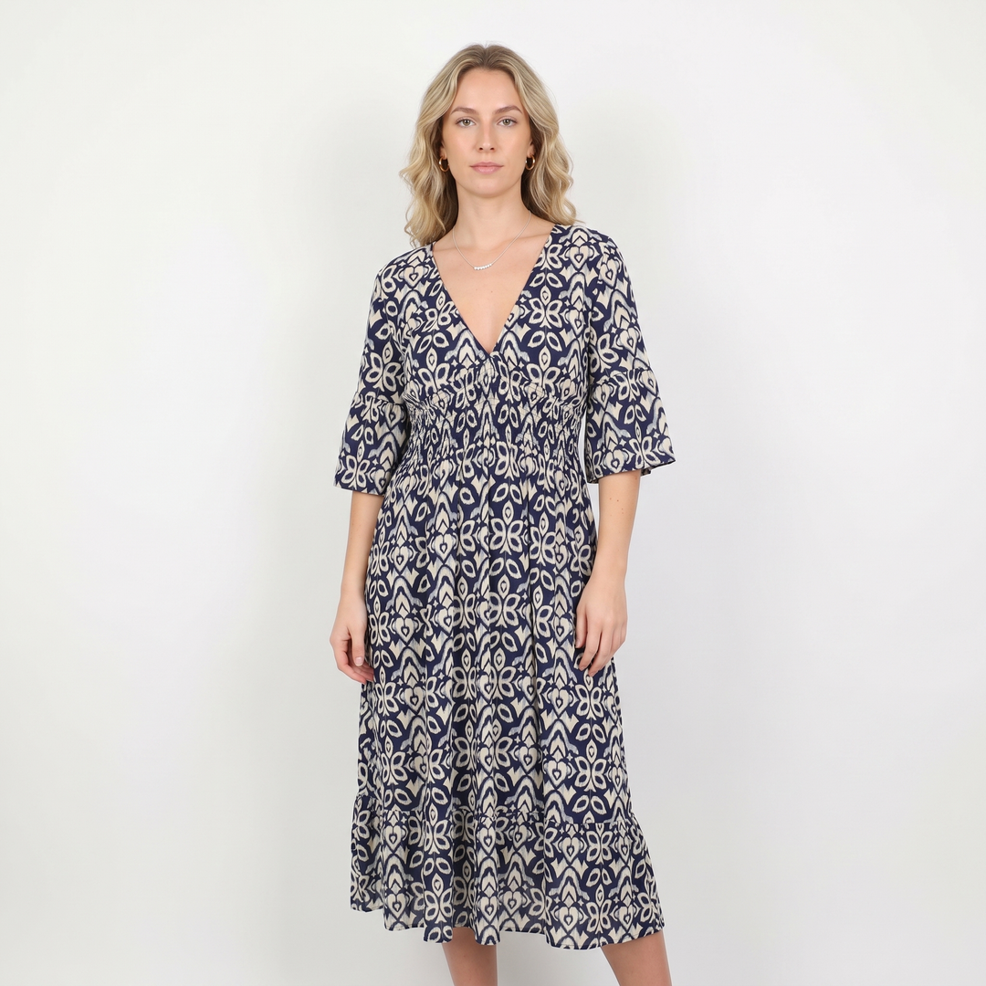 V Neck Printed Midi Dress - Shirred Waist Boho Summer Tiered Dress