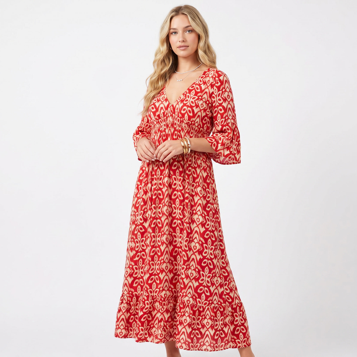 V Neck Printed Midi Dress - Shirred Waist Boho Summer Tiered Dress