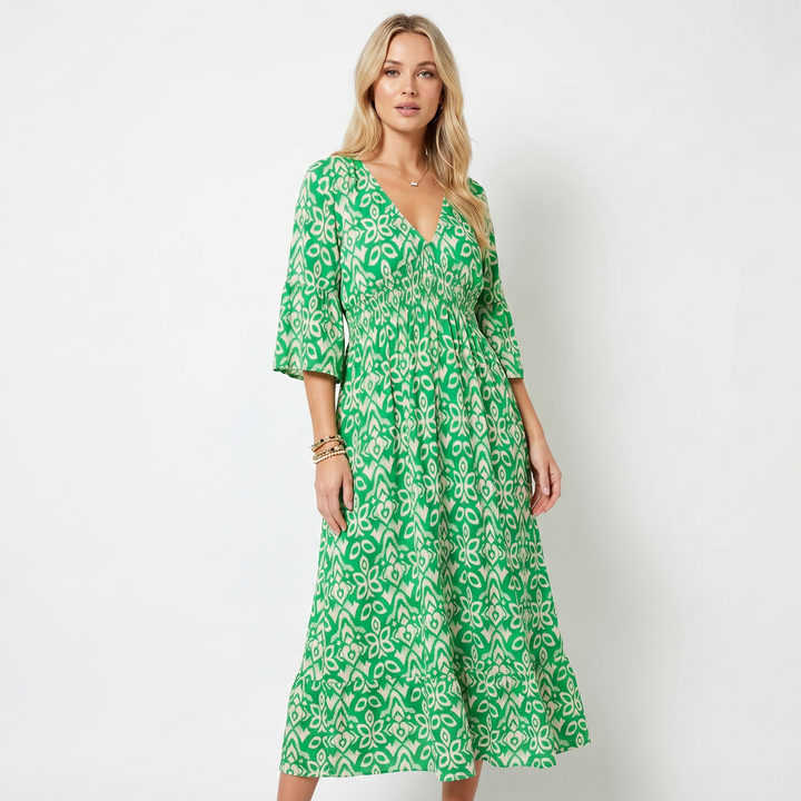 V Neck Printed Midi Dress - Shirred Waist Boho Summer Tiered Dress
