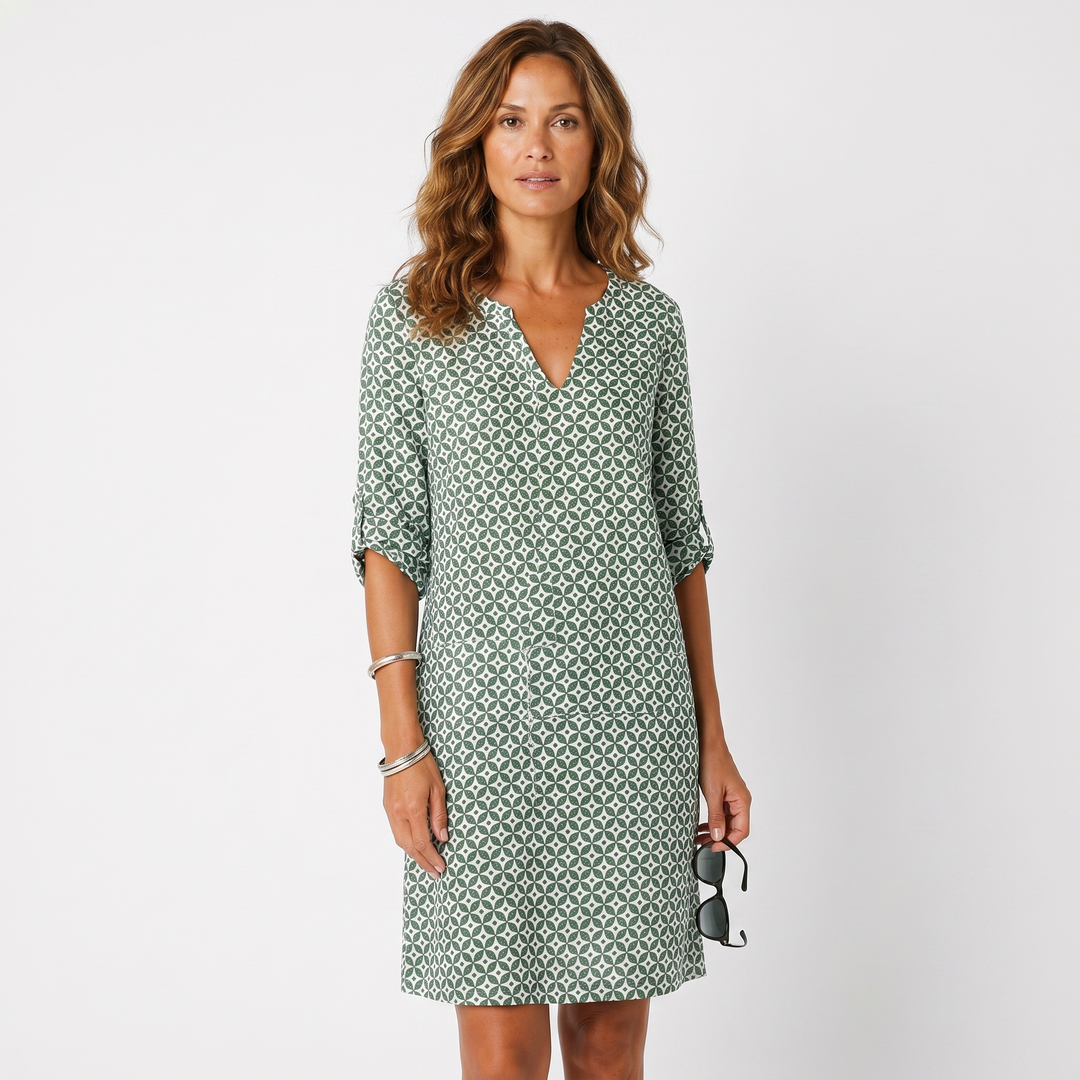 Printed Shift Midi Dress - Split Neck Roll Sleeve Summer Tunic Dress