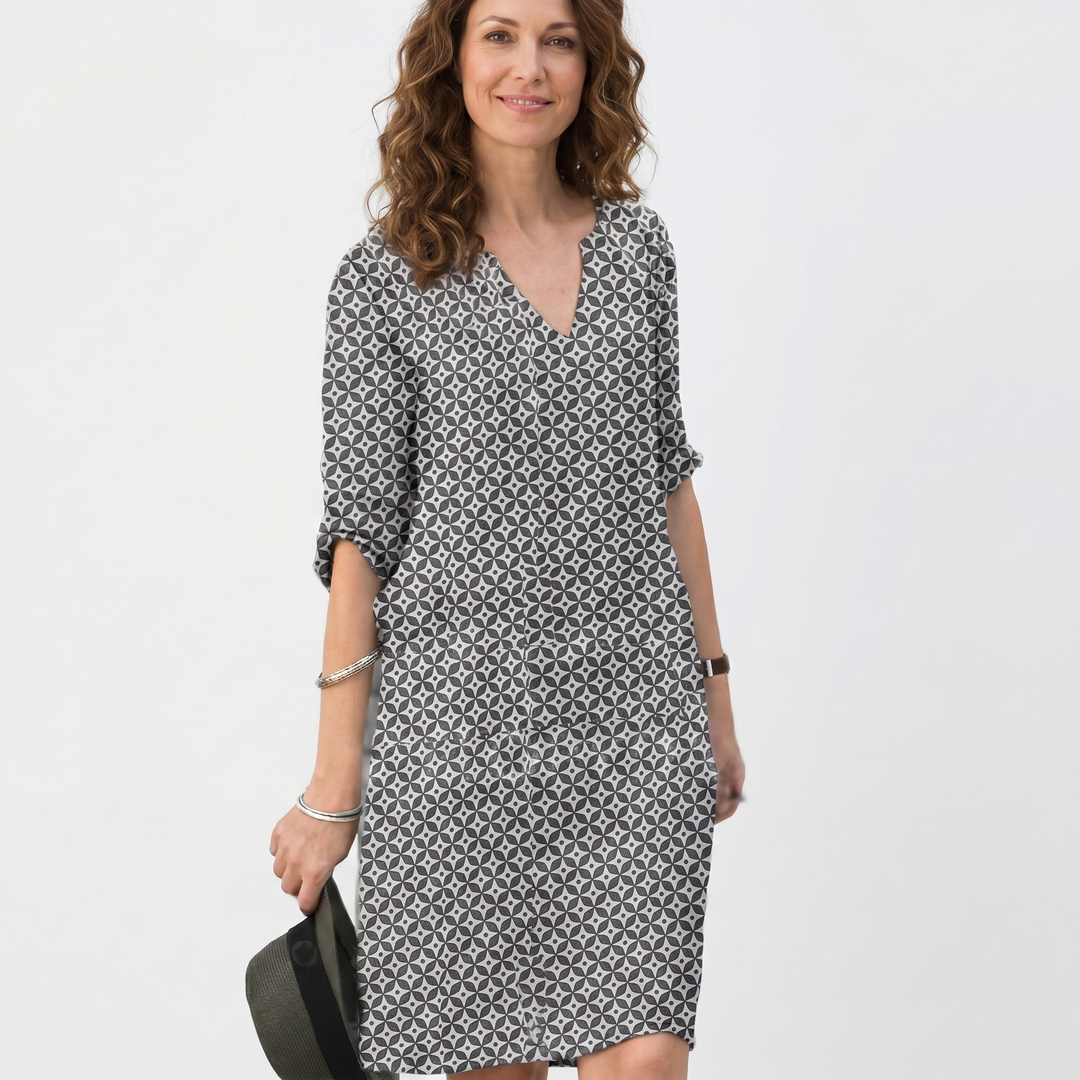 Printed Shift Midi Dress - Split Neck Roll Sleeve Summer Tunic Dress