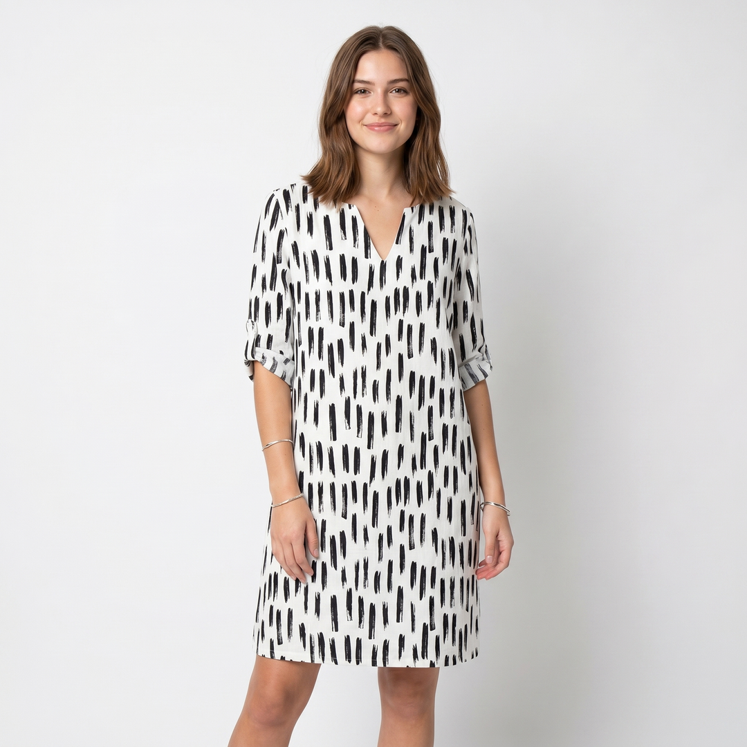Printed Shift Midi Dress - Split Neck Roll Sleeve Summer Tunic Dress
