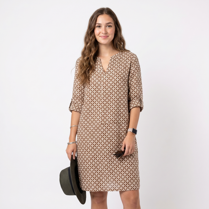 Printed Shift Midi Dress - Split Neck Roll Sleeve Summer Tunic Dress