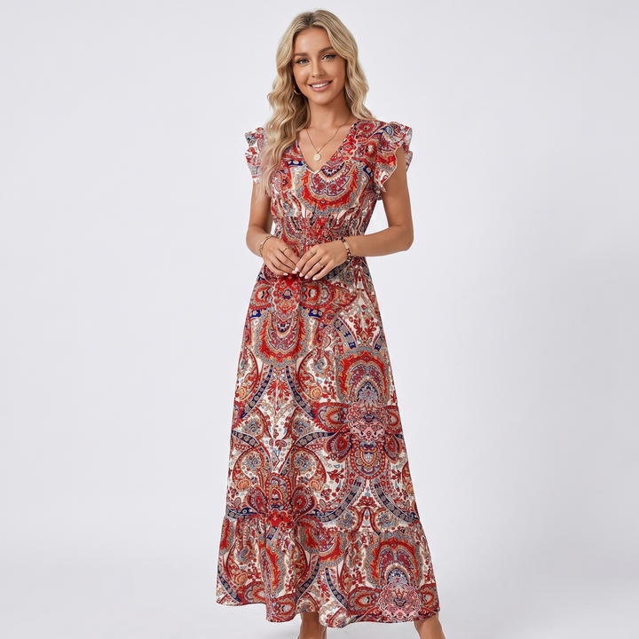 Paisley Maxi Dress - V Neck Ruffle Sleeve Boho Summer Dress