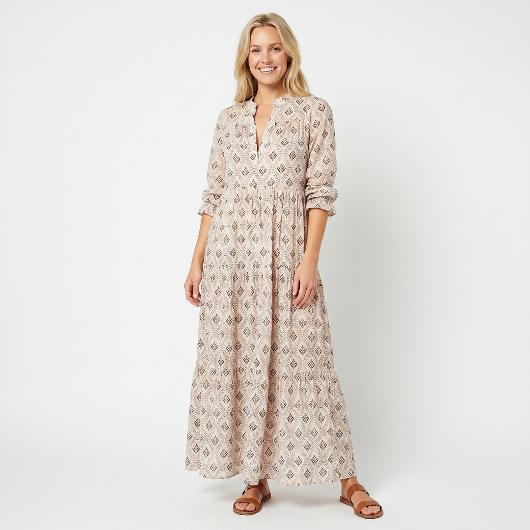 Printed Maxi Dress - V Neck Tiered Long Sleeve Boho Summer Dress