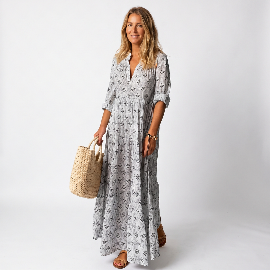 Printed Maxi Dress - V Neck Tiered Long Sleeve Boho Summer Dress