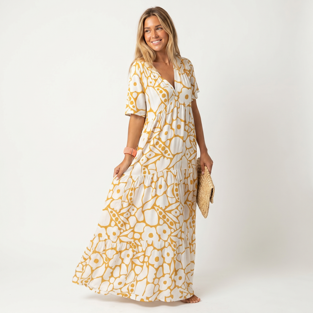 Printed Maxi Dress - V Neck Short Sleeve Tiered Summer Beach Dress