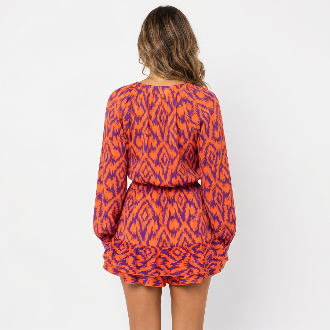 Printed Mini Dress - Long Sleeve Ruffle Hem Boho