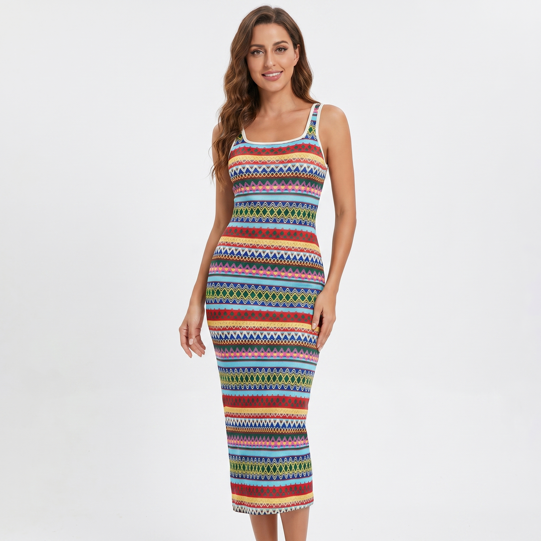 Knit Midi Dress - Square Neck Bodycon Sleeveless Boho