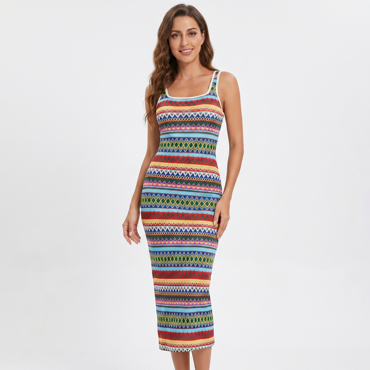 Knit Midi Dress - Square Neck Bodycon Sleeveless Boho