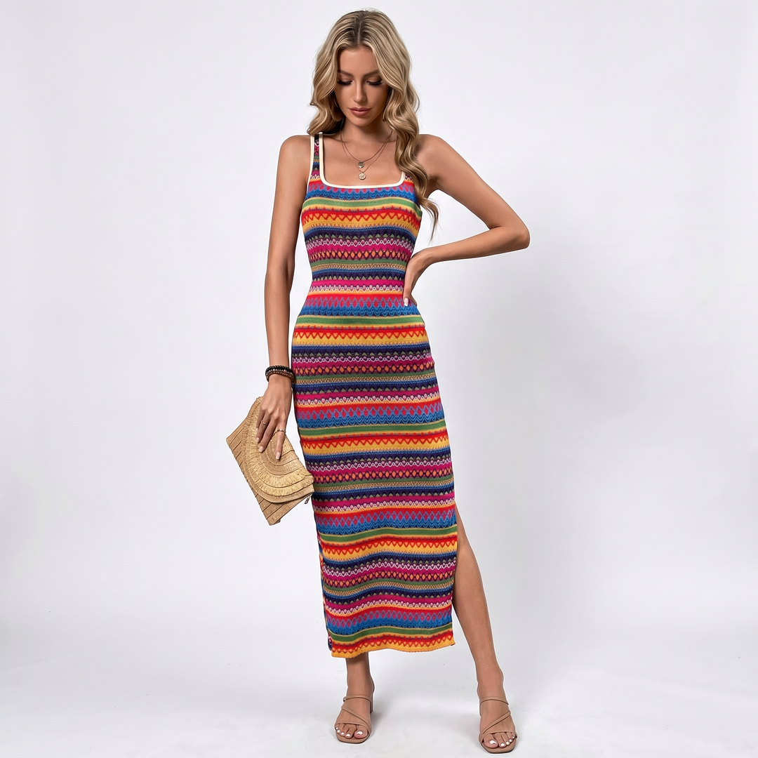 Knit Midi Dress - Square Neck Bodycon Sleeveless Boho