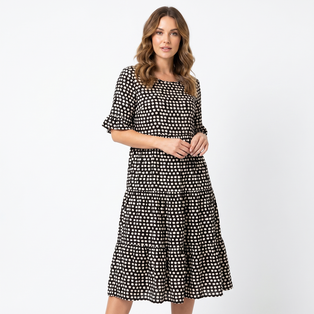 Polka Dot Midi Dress - Short Sleeve Tiered Smock