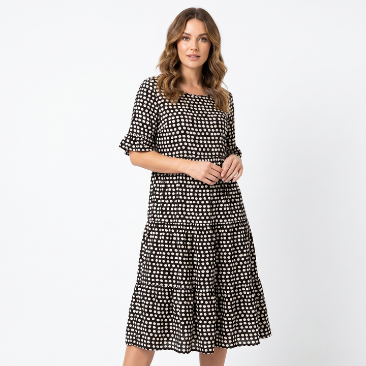 Polka Dot Midi Dress - Short Sleeve Tiered Smock