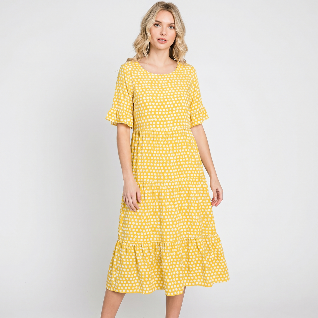 Polka Dot Midi Dress - Short Sleeve Tiered Smock