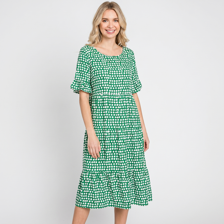 Polka Dot Midi Dress - Short Sleeve Tiered Smock