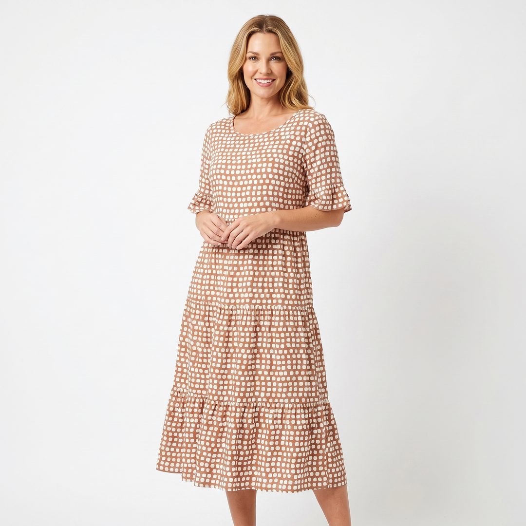 Polka Dot Midi Dress - Short Sleeve Tiered Smock