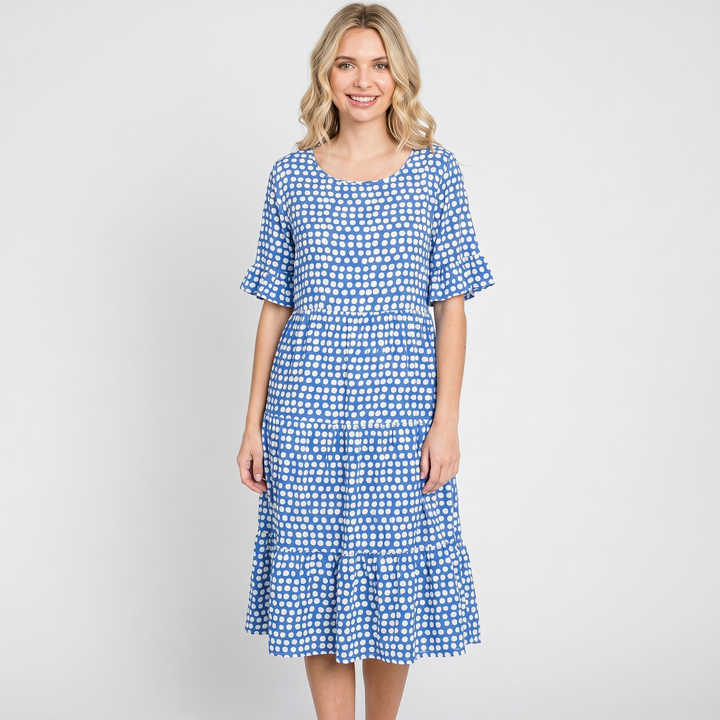 Polka Dot Midi Dress - Short Sleeve Tiered Smock