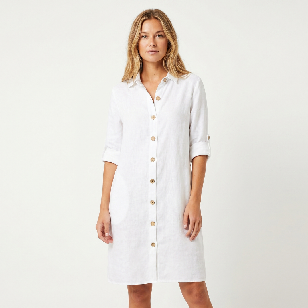 Linen Shirt Dress - Button Down Collared Midi