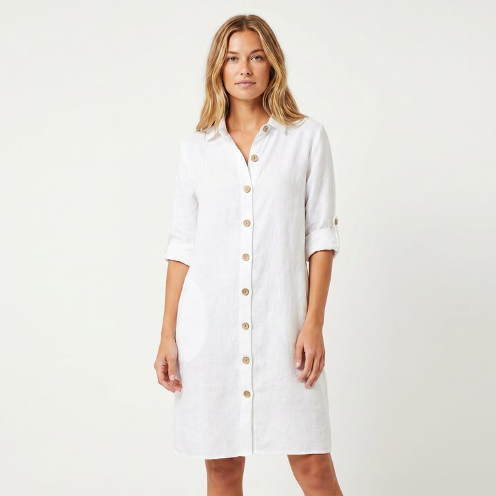 Linen Shirt Dress - Button Down Collared Midi