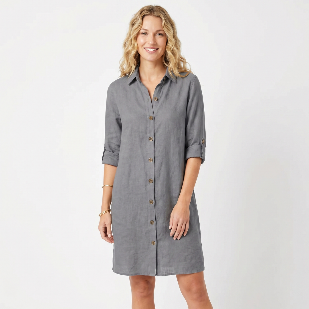 Linen Shirt Dress - Button Down Collared Midi